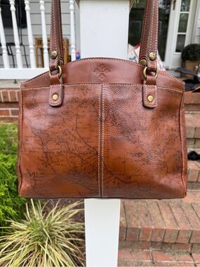 Patricia Nash Real Leather Brown Poppy Top Zip Tote Map Bag Handbag
